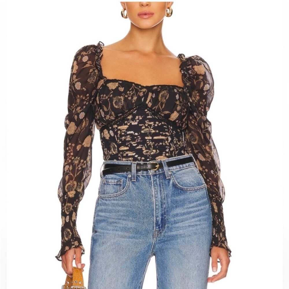 Free People | Brunch Time Bodysuit Puff Sleeves Size Medium NWT